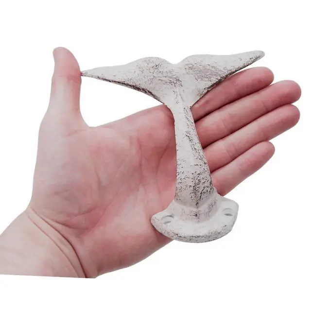 Alt view image 5 of 7 - Distressed White Whale Tail Cast Iron Wall Hooks, Wall Mounted for Hanging Coats, Purses, Towels, Hats, Beach Themed Wall Décor, Set of 3, 4.75 Inches High