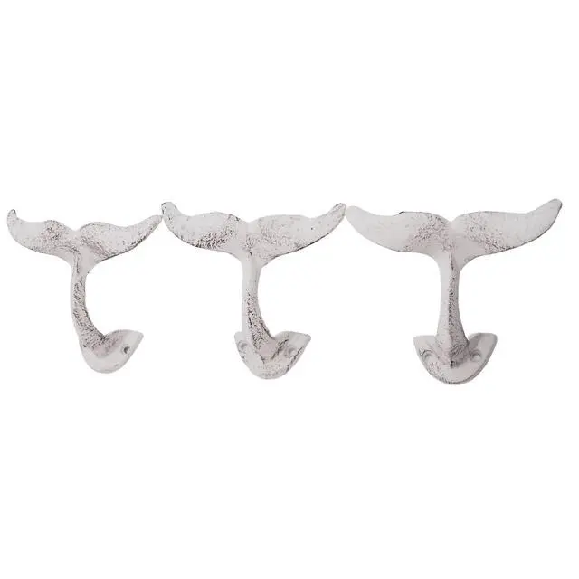 Alt view image 6 of 7 - Distressed White Whale Tail Cast Iron Wall Hooks, Wall Mounted for Hanging Coats, Purses, Towels, Hats, Beach Themed Wall Décor, Set of 3, 4.75 Inches High
