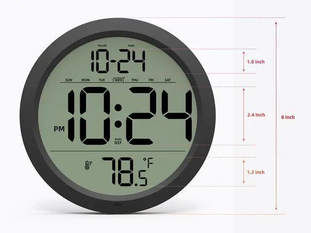 Alt view image 3 of 7 - Digital Wall Clock with Date, Indoor Temperature, Auto-DST, Battery-Operated Digital Clock, 8 Inch Small Decorative Wall Clock for Bedroom, Living Room, Home, Kitchen, Office, Modern, Electric, Simple