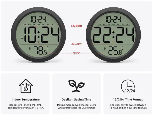 Alt view image 5 of 7 - Digital Wall Clock with Date, Indoor Temperature, Auto-DST, Battery-Operated Digital Clock, 8 Inch Small Decorative Wall Clock for Bedroom, Living Room, Home, Kitchen, Office, Modern, Electric, Simple