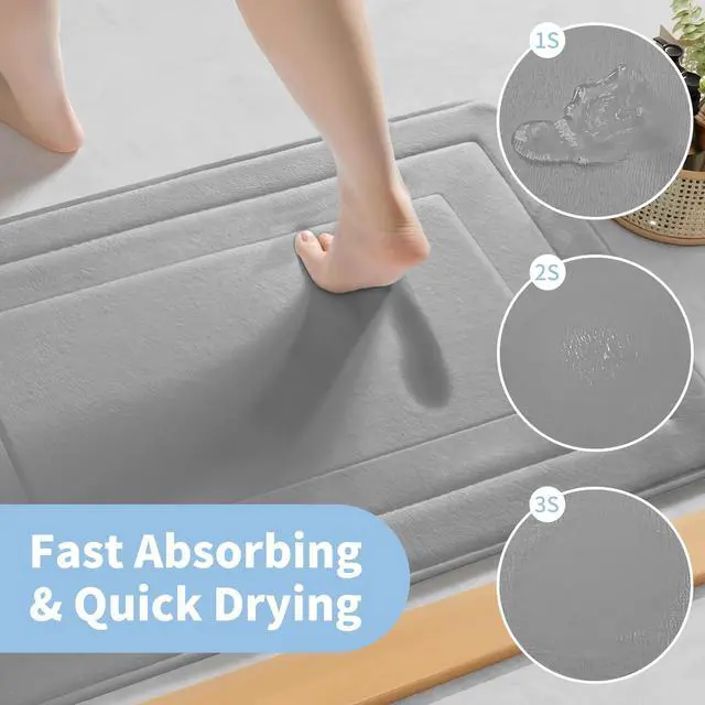 Alt view image 4 of 7 - Super Soft Memory Foam 20" x 32" Bath Mats for Bathroom Floor Shower & Tub, Grey Bathroom Rugs Non Slip Washable, Water Absorbent Bath Rugs, Quick Dry Bath Carpet for Decor