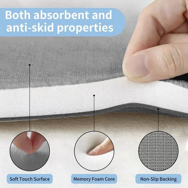 Alt view image 7 of 7 - Super Soft Memory Foam 20" x 32" Bath Mats for Bathroom Floor Shower & Tub, Grey Bathroom Rugs Non Slip Washable, Water Absorbent Bath Rugs, Quick Dry Bath Carpet for Decor