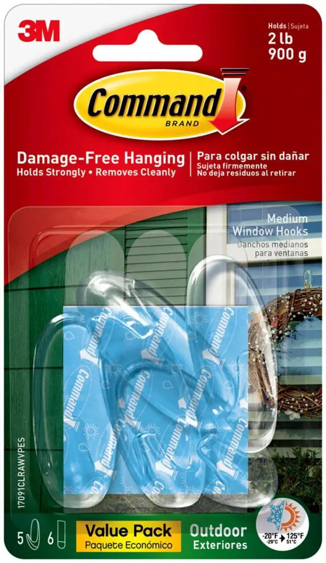 Main image of Outdoor Medium Clear Wall Hook, 5 Hooks and 6 Strips, Damage-Free Hanging Wall Hook for Hanging Outdoor Wall Decor with Weather Resistant Strips, Holds up to 2 lb