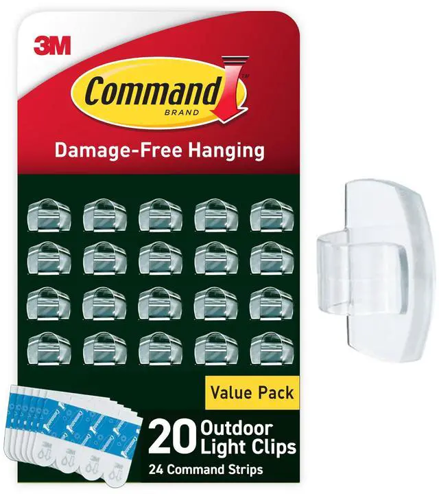 Main image of Outdoor Light Clips, 20 Clear Clips and 24 Command Strips, Damage-Free Hanging Outdoor Light Clips with Weather Resistant Strips, Wall Clip for Hanging Outdoor Lights and Cable Management
