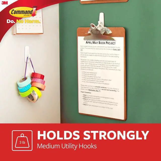Alt view image 3 of 7 - Medium Utility Hooks, 9 Wall Hook and 12 Strips, Damage-Free Hanging with Adhesive, No Tools Great for Hanging, Organization and Storage, Holds up to 3 lb