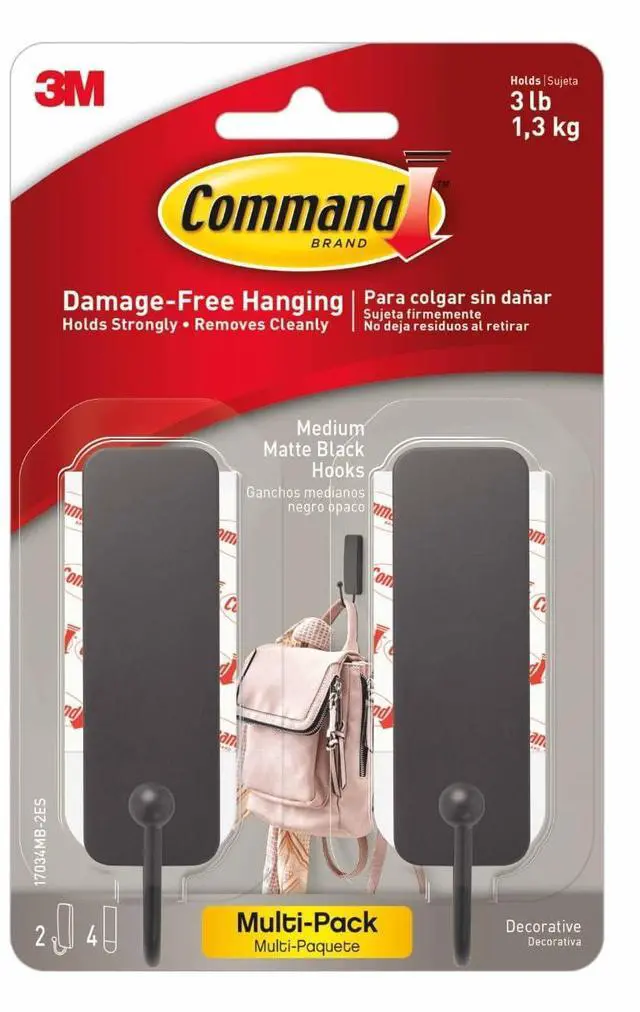 Main image of Medium Matte Black Wall Hook, 2 Coat Hooks and 4 Strips, Damage-Free Hanging with Adhesive, No Tools Great for Hanging Home Decor, Holds up to 3 lb