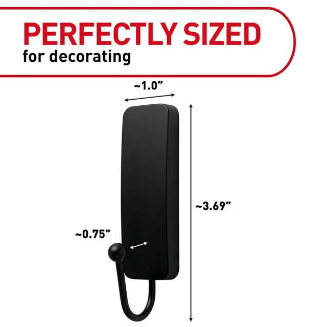 Alt view image 2 of 7 - Medium Matte Black Wall Hook, 2 Coat Hooks and 4 Strips, Damage-Free Hanging with Adhesive, No Tools Great for Hanging Home Decor, Holds up to 3 lb