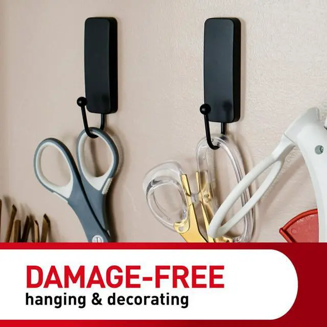 Alt view image 6 of 7 - Medium Matte Black Wall Hook, 2 Coat Hooks and 4 Strips, Damage-Free Hanging with Adhesive, No Tools Great for Hanging Home Decor, Holds up to 3 lb