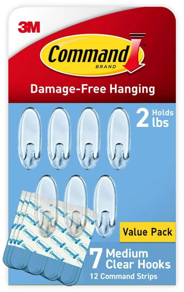 Main image of Medium Clear Wall Hook, 7 Wall Hook and 12 Strips, Damage-Free Hanging with Adhesive, Great for Hanging Home Decor, Holds up to 2 lb