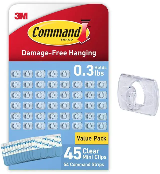 Main image of Clear Indoor Mini Light Clips Value Pack, 45 Clips, 54 Strips, Damage-Free String Light Hangers for Home, Room, Wall, Office, and Dorm Decor, Great for Cable Management, Holds up to 0.3 lb