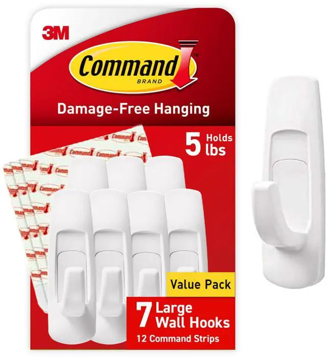 Main image of 5 lb Large Utility Hooks, 7 Hooks and 12 Strips, Damage-Free Hanging Wall Hook with Adhesive Strips, No Tools Required, Great for Home Kitchen Office Organization