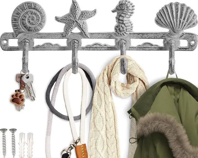 Main image of Vintage Seashell Coat Hook Hanger Rustic Cast Iron Wall Hanger w/4 Decorative Hooks - Includes Screws and Anchors - Beach House Decor - Antique White