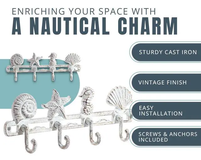 Alt view image 2 of 7 - Vintage Seashell Coat Hook Hanger Rustic Cast Iron Wall Hanger w/4 Decorative Hooks - Includes Screws and Anchors - Beach House Decor - Antique White