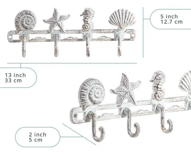 Alt view image 3 of 7 - Vintage Seashell Coat Hook Hanger Rustic Cast Iron Wall Hanger w/4 Decorative Hooks - Includes Screws and Anchors - Beach House Decor - Antique White