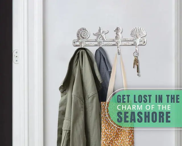 Alt view image 5 of 7 - Vintage Seashell Coat Hook Hanger Rustic Cast Iron Wall Hanger w/4 Decorative Hooks - Includes Screws and Anchors - Beach House Decor - Antique White