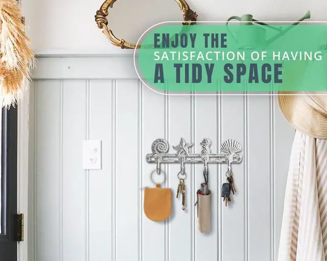 Alt view image 7 of 7 - Vintage Seashell Coat Hook Hanger Rustic Cast Iron Wall Hanger w/4 Decorative Hooks - Includes Screws and Anchors - Beach House Decor - Antique White