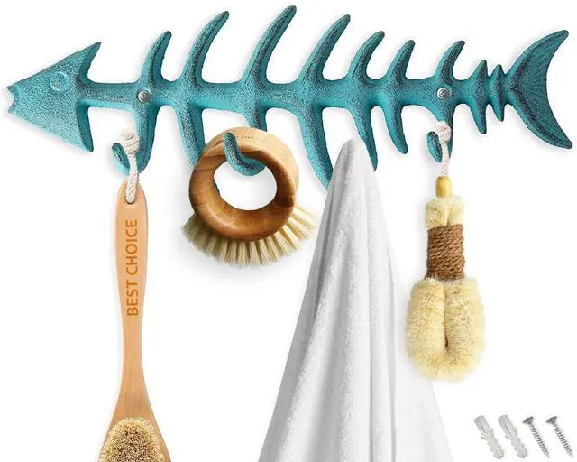 Main image of Fish Bones Wall Mounted Towel Rack Stylish Cast Iron Hanger with 4 Hooks Includes Screws and Anchors Teal Blue