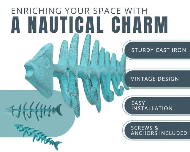 Alt view image 2 of 7 - Fish Bones Wall Mounted Towel Rack Stylish Cast Iron Hanger with 4 Hooks Includes Screws and Anchors Teal Blue