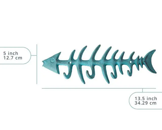 Alt view image 3 of 7 - Fish Bones Wall Mounted Towel Rack Stylish Cast Iron Hanger with 4 Hooks Includes Screws and Anchors Teal Blue