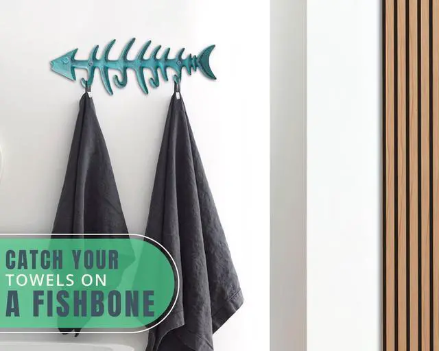 Alt view image 5 of 7 - Fish Bones Wall Mounted Towel Rack Stylish Cast Iron Hanger with 4 Hooks Includes Screws and Anchors Teal Blue