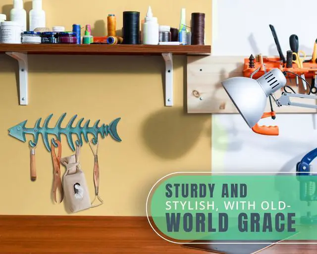 Alt view image 6 of 7 - Fish Bones Wall Mounted Towel Rack Stylish Cast Iron Hanger with 4 Hooks Includes Screws and Anchors Teal Blue