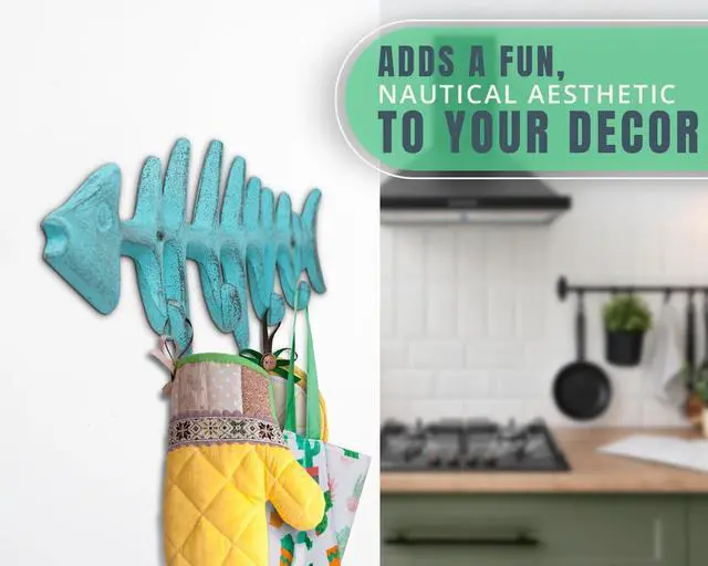 Alt view image 7 of 7 - Fish Bones Wall Mounted Towel Rack Stylish Cast Iron Hanger with 4 Hooks Includes Screws and Anchors Teal Blue