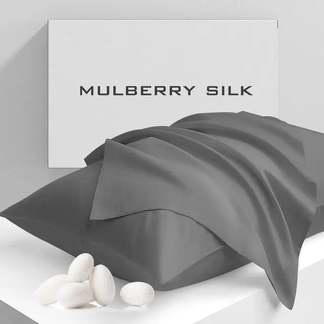 Main image of Pure Mulberry Silk Pillowcases Set of 2, Standard Size with Zipper - Grade-6A 19 Momme, 600 Thread Count Soft Smooth Cooling, Hair and Skin Friendly (Gray, 20x26 Inch)