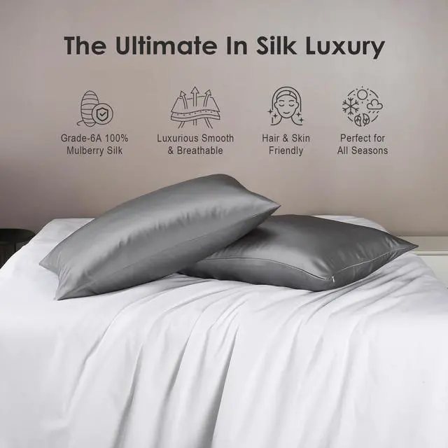 Alt view image 2 of 7 - Pure Mulberry Silk Pillowcases Set of 2, Standard Size with Zipper - Grade-6A 19 Momme, 600 Thread Count Soft Smooth Cooling, Hair and Skin Friendly (Gray, 20x26 Inch)