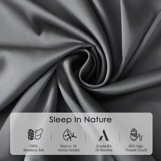 Alt view image 3 of 7 - Pure Mulberry Silk Pillowcases Set of 2, Standard Size with Zipper - Grade-6A 19 Momme, 600 Thread Count Soft Smooth Cooling, Hair and Skin Friendly (Gray, 20x26 Inch)