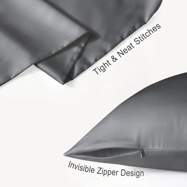 Alt view image 5 of 7 - Pure Mulberry Silk Pillowcases Set of 2, Standard Size with Zipper - Grade-6A 19 Momme, 600 Thread Count Soft Smooth Cooling, Hair and Skin Friendly (Gray, 20x26 Inch)