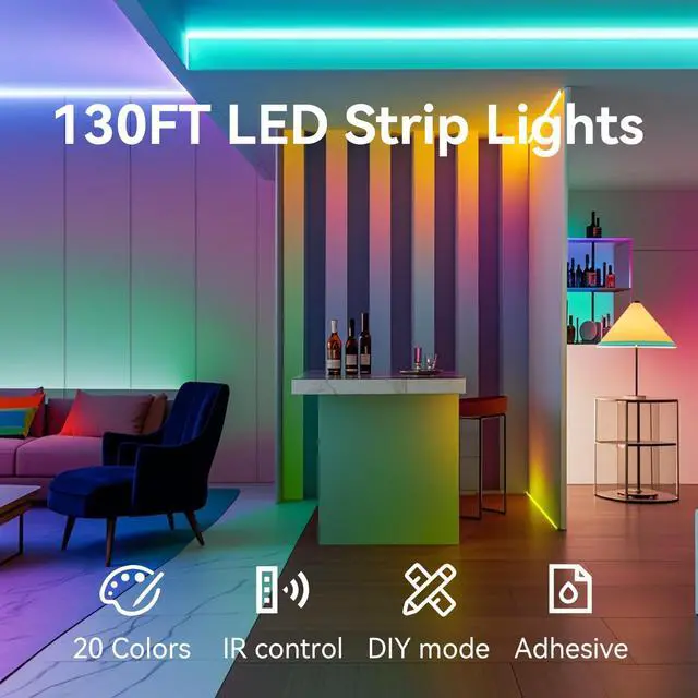 Alt view image 2 of 7 - LED Strip Lights 130ft (2 Rolls of 65.6ft) Ultra Long RGB Color Changing LED Light Strips Kit with 44Keys Remote for Bedroom, Kitchen, Home Decor, Room, Dorm Room, DIY Mode