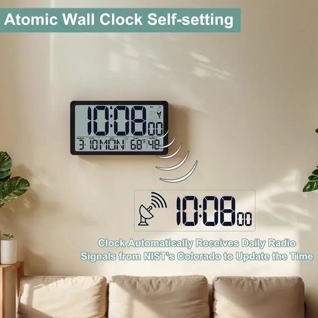 Alt view image 2 of 7 - Atomic Wall Clock Battery Operated,10.5 inch Digtial Desk Clock with Temperature and Humidity,Self-Setting Alarm Clocks with 57 Ringtones,Auto DST, Large LCD Display for Seniors Batteries Included