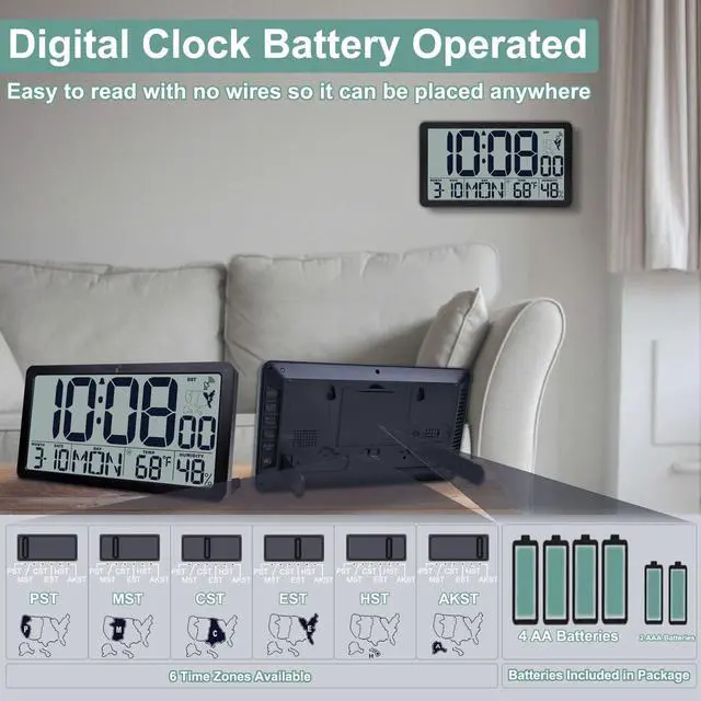 Alt view image 3 of 7 - Atomic Wall Clock Battery Operated,10.5 inch Digtial Desk Clock with Temperature and Humidity,Self-Setting Alarm Clocks with 57 Ringtones,Auto DST, Large LCD Display for Seniors Batteries Included