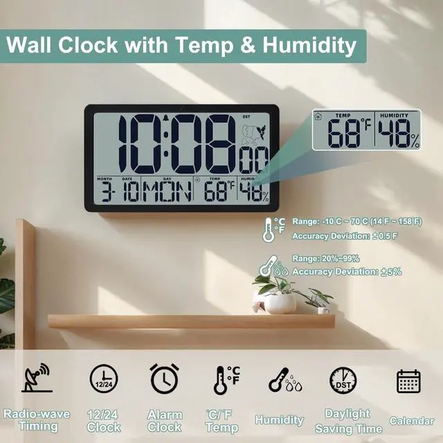 Alt view image 4 of 7 - Atomic Wall Clock Battery Operated,10.5 inch Digtial Desk Clock with Temperature and Humidity,Self-Setting Alarm Clocks with 57 Ringtones,Auto DST, Large LCD Display for Seniors Batteries Included