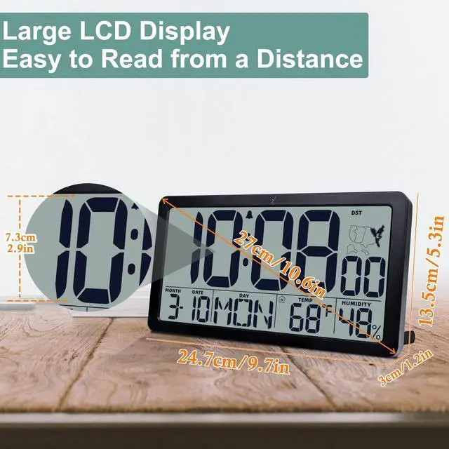 Alt view image 5 of 7 - Atomic Wall Clock Battery Operated,10.5 inch Digtial Desk Clock with Temperature and Humidity,Self-Setting Alarm Clocks with 57 Ringtones,Auto DST, Large LCD Display for Seniors Batteries Included