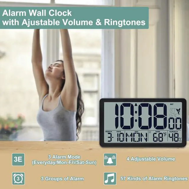 Alt view image 6 of 7 - Atomic Wall Clock Battery Operated,10.5 inch Digtial Desk Clock with Temperature and Humidity,Self-Setting Alarm Clocks with 57 Ringtones,Auto DST, Large LCD Display for Seniors Batteries Included