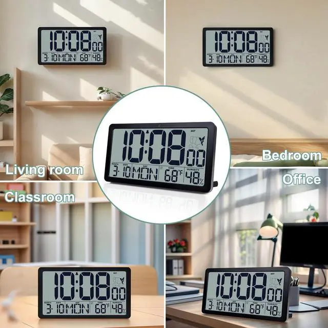 Alt view image 7 of 7 - Atomic Wall Clock Battery Operated,10.5 inch Digtial Desk Clock with Temperature and Humidity,Self-Setting Alarm Clocks with 57 Ringtones,Auto DST, Large LCD Display for Seniors Batteries Included