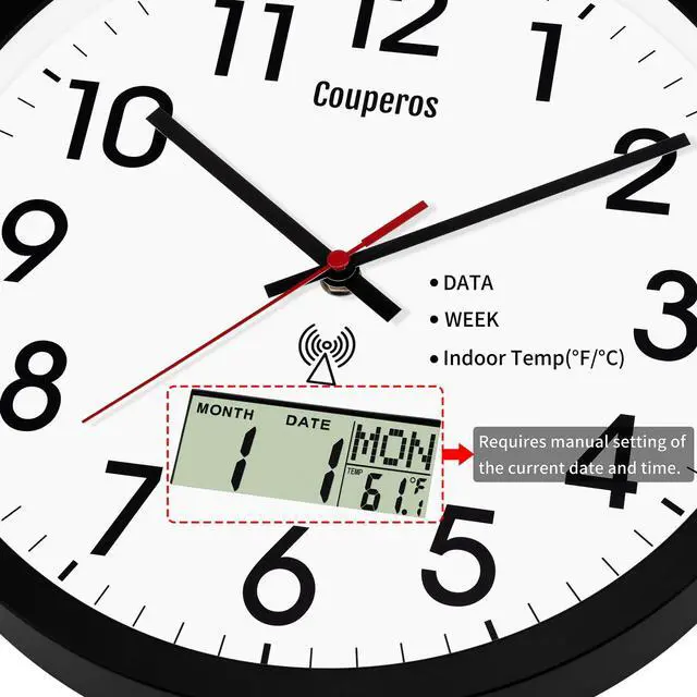 Alt view image 2 of 7 - Atomic Wall Clock 12 Inch - Auto DST Modern Analog Battery Operated Silent Wall Clock with Temperature & Digital Calendar for Office Bedroom Kitchen, Round Non-Ticking Classroom & Garage Clock (Black)