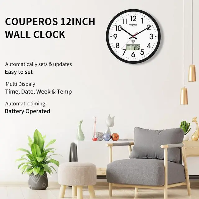 Alt view image 3 of 7 - Atomic Wall Clock 12 Inch - Auto DST Modern Analog Battery Operated Silent Wall Clock with Temperature & Digital Calendar for Office Bedroom Kitchen, Round Non-Ticking Classroom & Garage Clock (Black)
