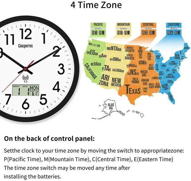 Alt view image 4 of 7 - Atomic Wall Clock 12 Inch - Auto DST Modern Analog Battery Operated Silent Wall Clock with Temperature & Digital Calendar for Office Bedroom Kitchen, Round Non-Ticking Classroom & Garage Clock (Black)