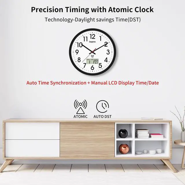 Alt view image 5 of 7 - Atomic Wall Clock 12 Inch - Auto DST Modern Analog Battery Operated Silent Wall Clock with Temperature & Digital Calendar for Office Bedroom Kitchen, Round Non-Ticking Classroom & Garage Clock (Black)