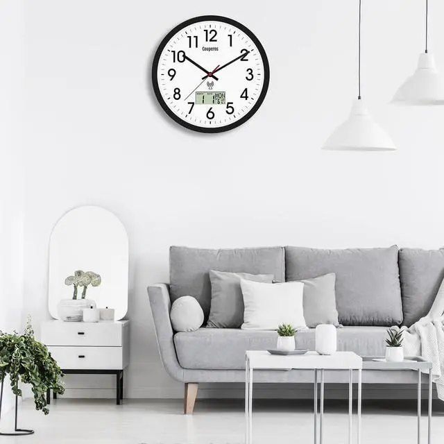 Alt view image 6 of 7 - Atomic Wall Clock 12 Inch - Auto DST Modern Analog Battery Operated Silent Wall Clock with Temperature & Digital Calendar for Office Bedroom Kitchen, Round Non-Ticking Classroom & Garage Clock (Black)