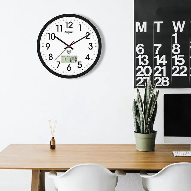 Alt view image 7 of 7 - Atomic Wall Clock 12 Inch - Auto DST Modern Analog Battery Operated Silent Wall Clock with Temperature & Digital Calendar for Office Bedroom Kitchen, Round Non-Ticking Classroom & Garage Clock (Black)