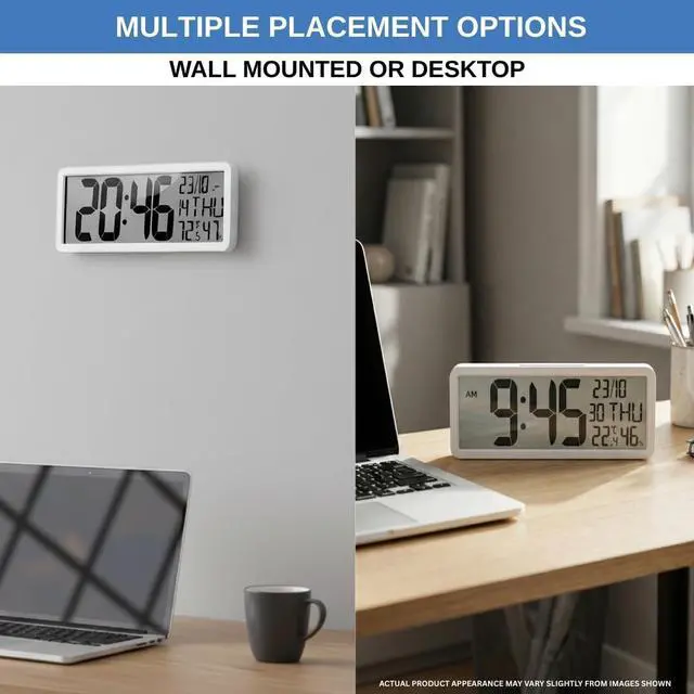 Alt view image 5 of 7 - Atomic Digital Wall Clock Battery Operated Large Display | Automatic Time Setting with Day Date Temperature Humidity Alarm 12/24 Hour | Wall Or Desk Clock for Home Office Seniors