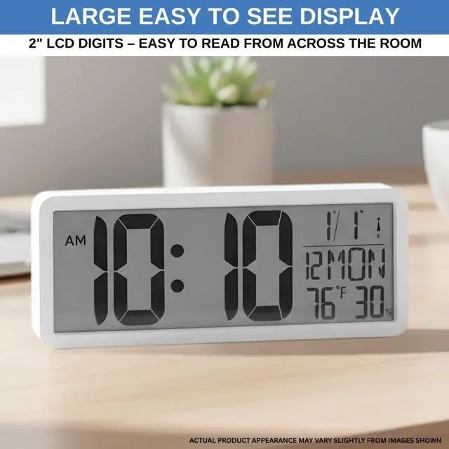 Alt view image 3 of 7 - Atomic Digital Wall Clock Battery Operated Large Display | Automatic Time Setting with Day Date Temperature Humidity Alarm 12/24 Hour | Wall Or Desk Clock for Home Office Seniors