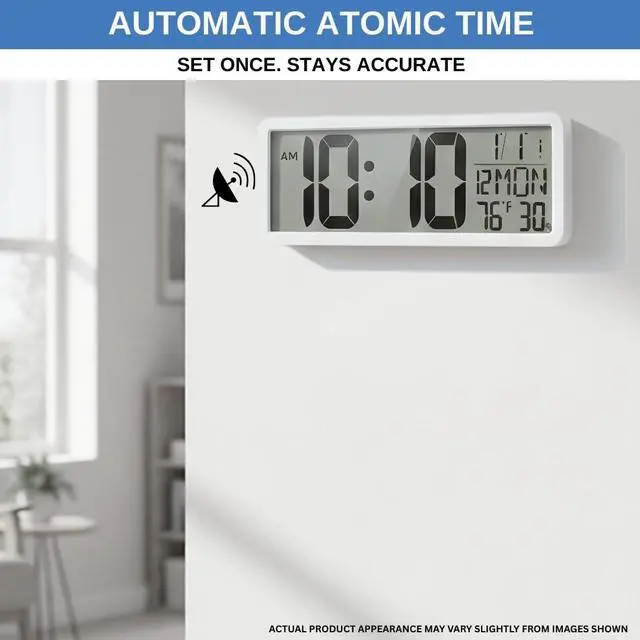 Alt view image 2 of 7 - Atomic Digital Wall Clock Battery Operated Large Display | Automatic Time Setting with Day Date Temperature Humidity Alarm 12/24 Hour | Wall Or Desk Clock for Home Office Seniors