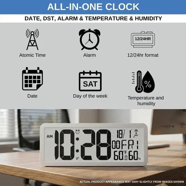 Alt view image 4 of 7 - Atomic Digital Wall Clock Battery Operated Large Display | Automatic Time Setting with Day Date Temperature Humidity Alarm 12/24 Hour | Wall Or Desk Clock for Home Office Seniors
