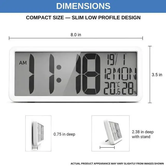 Alt view image 6 of 7 - Atomic Digital Wall Clock Battery Operated Large Display | Automatic Time Setting with Day Date Temperature Humidity Alarm 12/24 Hour | Wall Or Desk Clock for Home Office Seniors