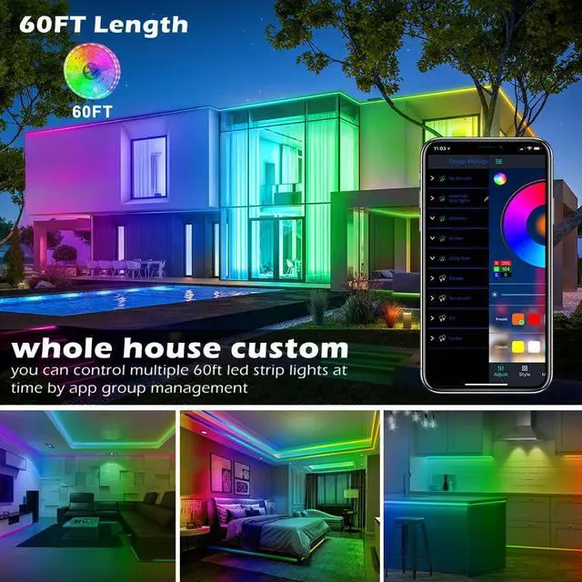Alt view image 2 of 6 - Led Strip Lights,60ft Music Sync Color Changing, Built-in Mic,Bluetooth App Control LED Tape Lights with Remote,5050 RGB Rope Light Strips