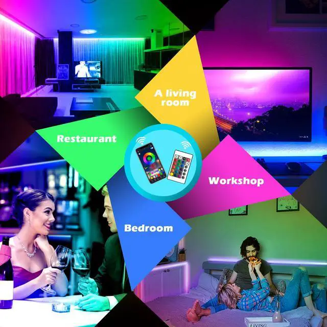 Alt view image 3 of 6 - Led Strip Lights,60ft Music Sync Color Changing, Built-in Mic,Bluetooth App Control LED Tape Lights with Remote,5050 RGB Rope Light Strips